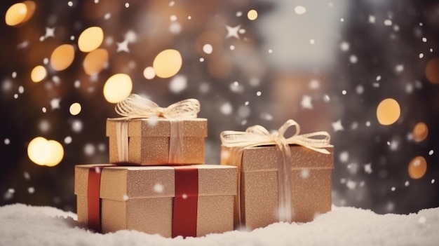 Conjunto de presentes de compras ao ar livre com fundo festivo de Natal durante a neve