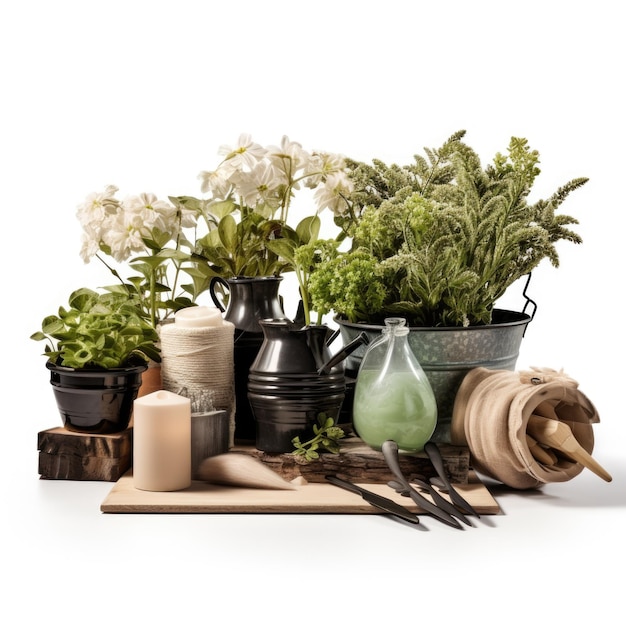 Conjunto de presentes de jardinagem decorativa isolado em fundo branco IA generativa