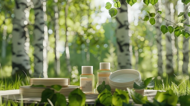 Foto conjunto de produtos cosméticos de beleza para cuidados com a pele no pódio da floresta de bétulas