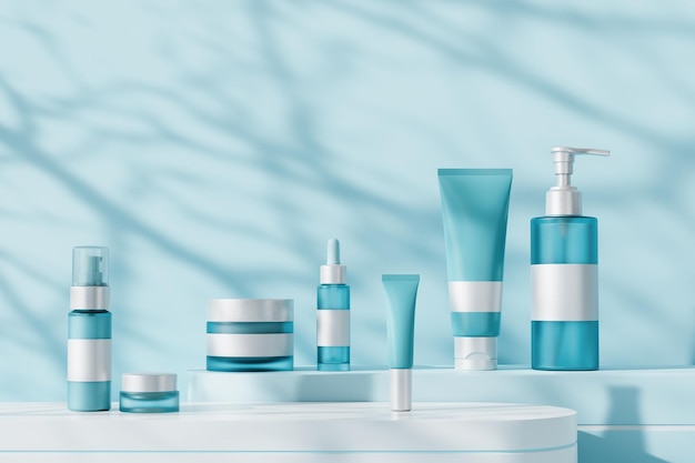 Conjunto de produtos cosméticos sem marca em plataformas geométricas Cosméticos para cuidados com a pele Sombras em fundo azul