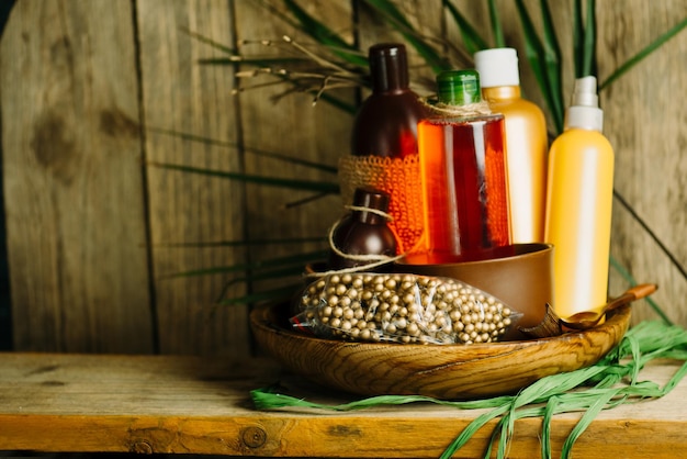 Foto conjunto de produtos de higiene pessoal de banho de spa conceito de aromaterapia e spa