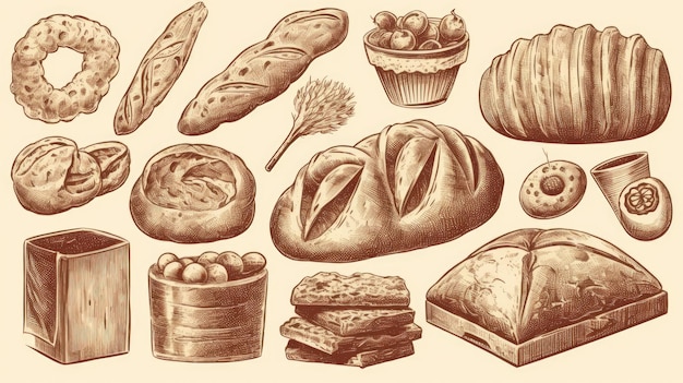 Conjunto de produtos de padaria, incluindo vários tipos de pão e bolos