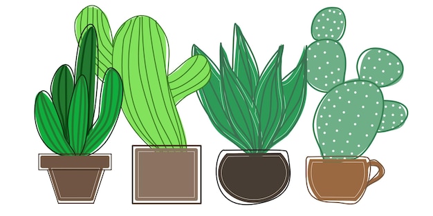 Conjunto de quatro cactos verdes em vasos isolados em ilustração digital simples branca em estilo doodle plano