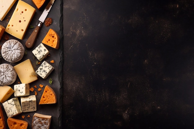 Conjunto de queijos duros com facas de queijo em fundo de pedra preta Parmesan Vista superior Espaço livre para