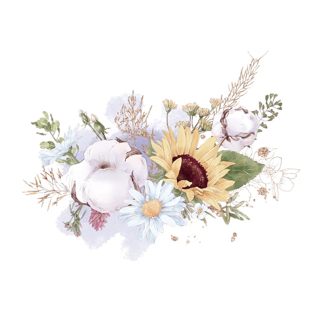 Conjunto de ramos e folhas de flores de girassóis bonitos. Ilustração em aquarela.