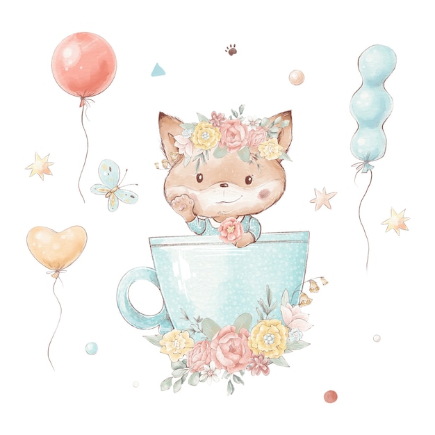 Foto conjunto de raposa bonito dos desenhos animados em uma xícara. balões e flores.