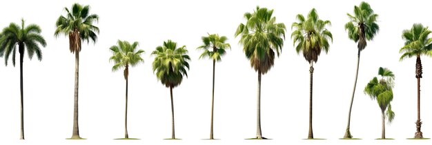 Conjunto de recortes isolados de palmeiras lindos coqueiros tropicais e palmeiras em fundo branco