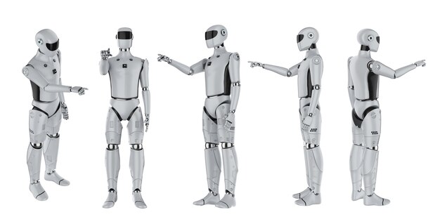 Conjunto de renderização 3D de cyborgs de inteligência artificial ou ponto de dedo de robôs isolado no branco