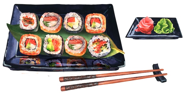 Conjunto de rolos de sushi com ilustração em aquarela servindo com gengibre e wasabi em bandeja preta especial coleta