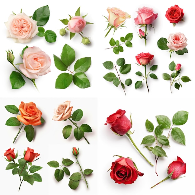 Conjunto de rosas com folhas em fundo branco
