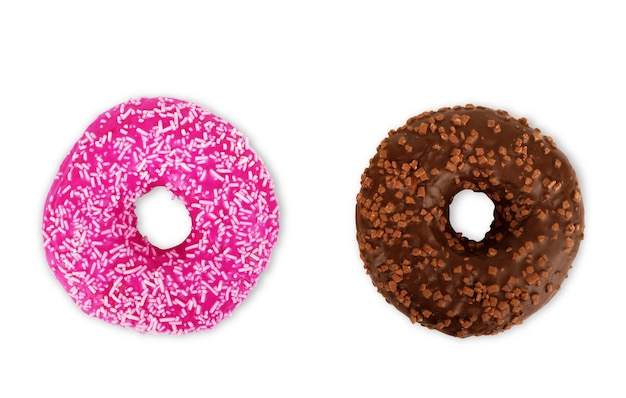 Conjunto de rosquinhas isolado no branco. Diferentes tipos de donuts: com chocolate, rosa com listras, com esmalte e salpicos coloridos