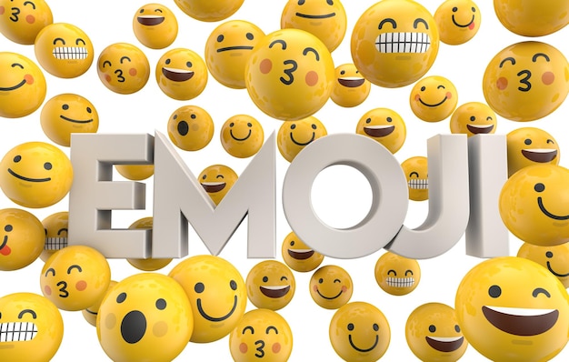 Conjunto de rostos de caracteres emoticon emoji com a palavra emoji 3d rendering