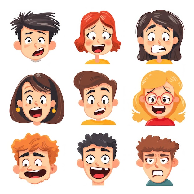 Conjunto de rostos divertidos estilo desenho animado, fotos na cabeça geradas por IA