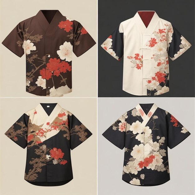 Foto conjunto de roupas japonesas com padrão floral isolado em fundo cinza ai gerado