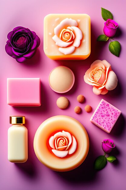 Conjunto de sabonete e rosa em fundo rosa Conceito de cosméticos orgânicos de spa