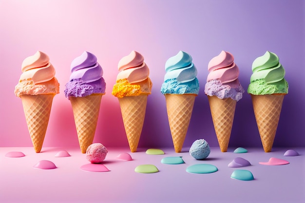 Conjunto de saborosos sorvetes. Sundaes doces de verão, gelatos com sabores diferentes, cones de sorvete isolados de coleção e picolé com cobertura diferente. ilustração para web, design, impressão.