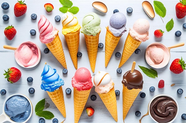 Conjunto de saborosos sorvetes. Sundaes doces de verão, gelatos com sabores diferentes, cones de sorvete isolados de coleção e picolé com cobertura diferente. ilustração para web, design, impressão.