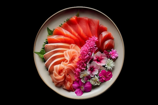 Conjunto de Sashimi no prato com belas flores de salmão de atum
