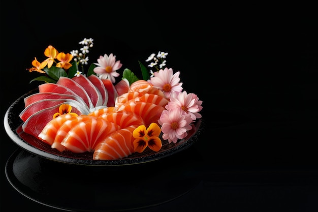 Conjunto de Sashimi no prato com belas flores Salmão de atum fundo de cor preta
