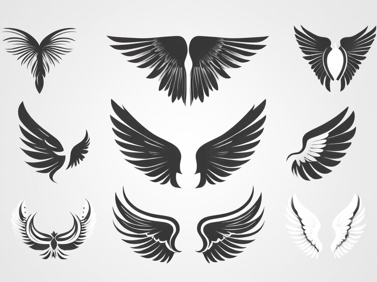 Foto conjunto de silhueta de asas de anjo pretas e brancas em design plano