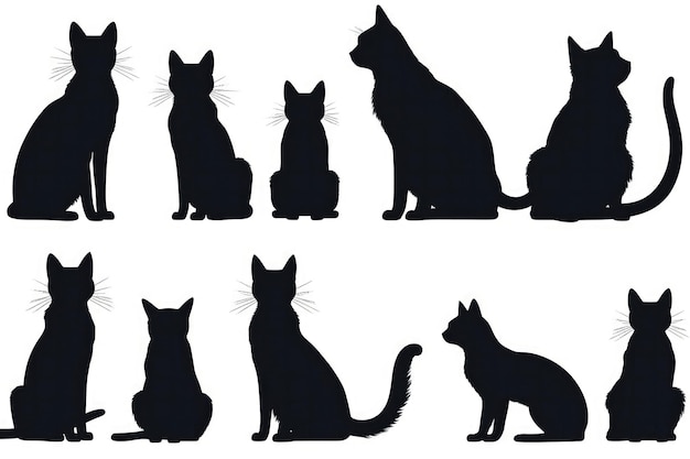 Conjunto de silhuetas de gatos pretos em fundo branco IA generativa de Halloween