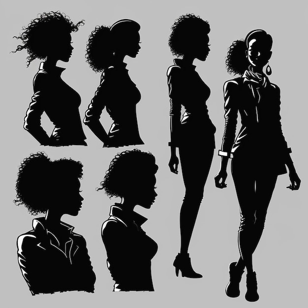 Conjunto de silhuetas de mulheres negras em fundo branco