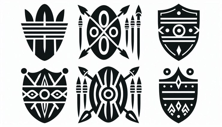 Conjunto de silhuetas ousadas de escudos tradicionais zulus com lanças cruzadas e formas ovais alongadas