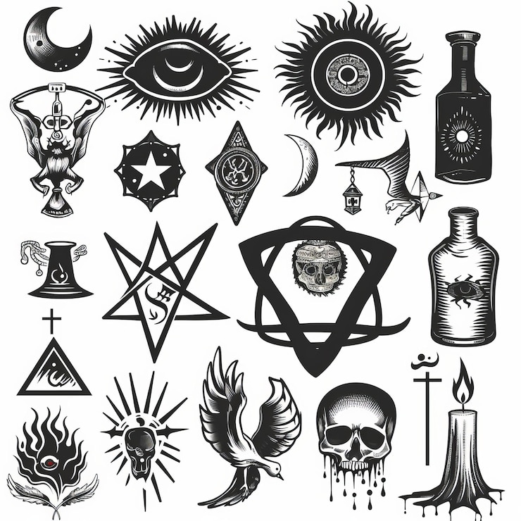 Foto conjunto de símbolos ocultos em ilustração vetorial de estilo monocromático