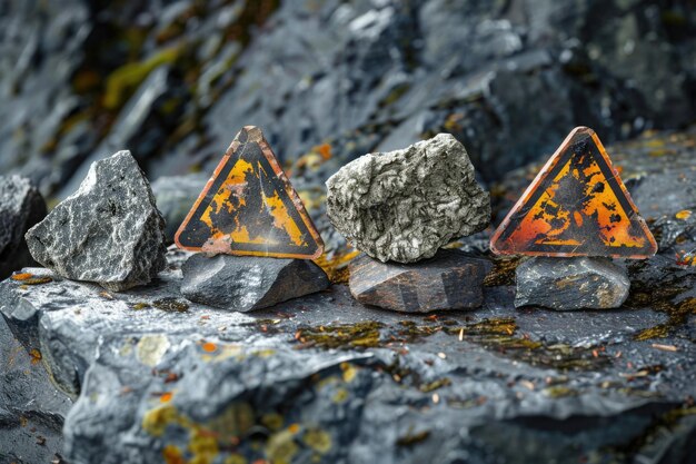 Foto conjunto de sinais de alerta de amianto de seis minerais de silicato naturais feitos de fibras microscópicas