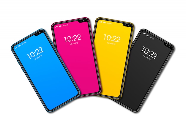 Conjunto de smartphone CMYK isolado no fundo branco. Renderização em 3D