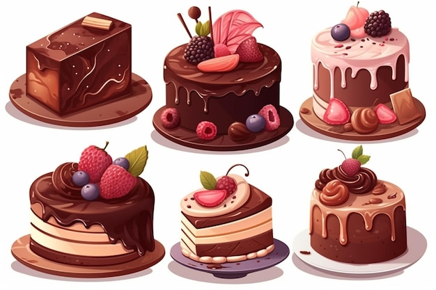 Conjunto de sobremesas de chocolate ilustrações vetoriais de comida doce e lanches, bolos redondos ou quadrados e palha de biscoitos