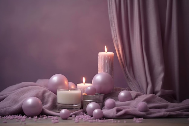 Conjunto de spa de lavanda rosa com velas acesas Generative ai