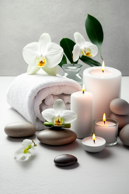 Conjunto de spa para cuidados com a pele decoração de velas e toalhas garrafa de óleo e folhas verdes e flores IA generativa