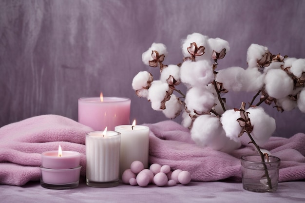 Conjunto de spa rosa com velas de bombas de banho e flores de algodão Generative ai