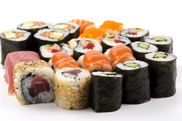 Conjunto de sushi Coleção de tolo rápido em estilo asiático Shushi clássico e rolos de arroz IA gerada