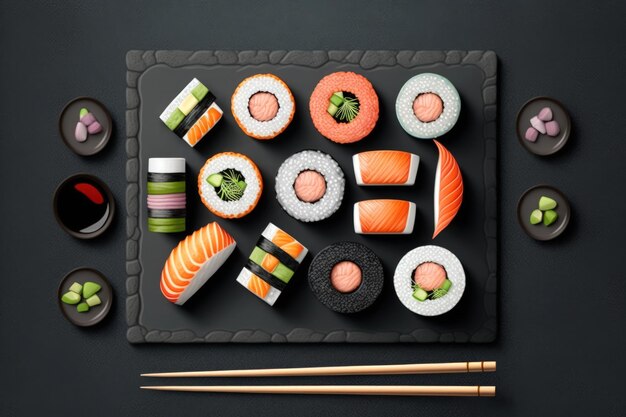 Conjunto de sushi e maki na mesa de pedra vista superior com espaço de cópia