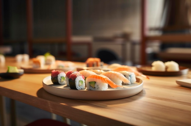 Conjunto de sushi variado disposto em prato sobre mesa de madeira gerado por ia