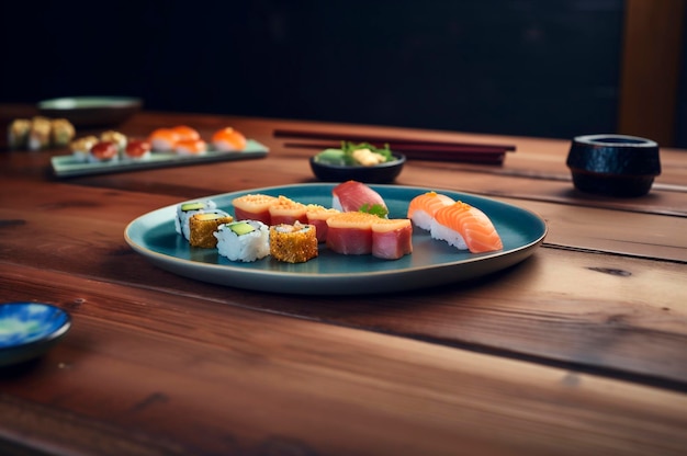 Foto conjunto de sushi variado disposto em prato sobre mesa de madeira gerado por ia