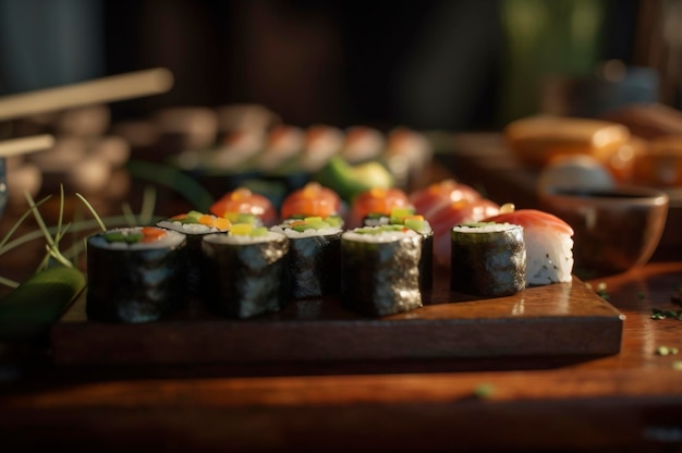 Conjunto de sushi variado disposto em prato sobre mesa de madeira gerado por IA