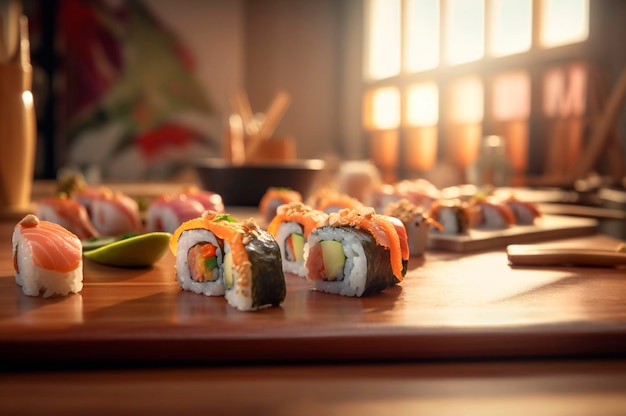 Conjunto de sushi variado disposto em prato sobre mesa de madeira gerado por IA