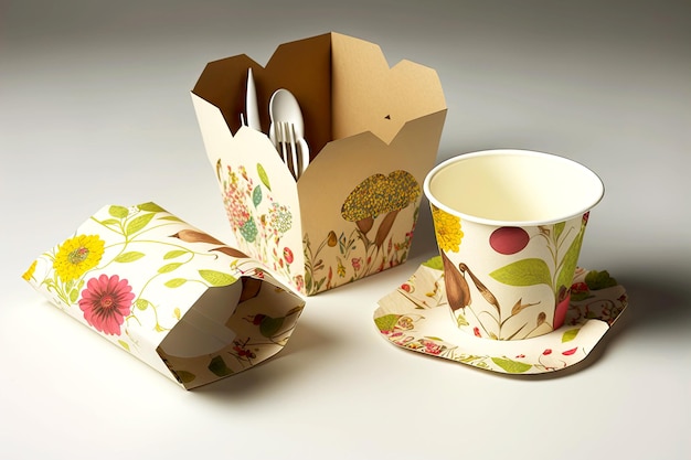 Conjunto de talheres de papel descartável com xícaras de chá e guardanapos