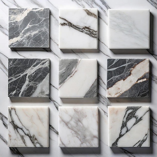 Conjunto de telhas de mármore isoladas em fundo branco Textura de mármore com padrão natural
