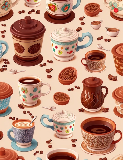 Conjunto de tema de café padrão de fundo xícaras de café grãos de café bela ilustração impressão realista