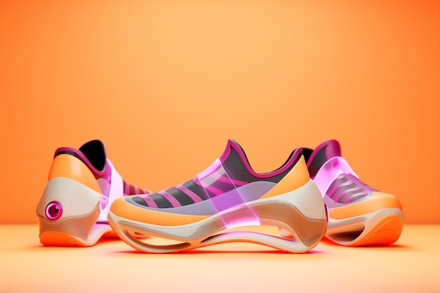 Conjunto de tênis unissex esportivos brilhantes em tela rosa e laranja com ilustração 3d de sola alta