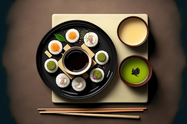 Conjunto de toalha de mesa de sushi Vista superior de um pires com gengibre wasabi e pequenas tigelas de molho de soja sushi clássico combinado com molho de soja gengibre e wasabi Layout com espaço para cópia