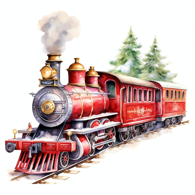Conjunto de trem de Natal em aquarela de inverno