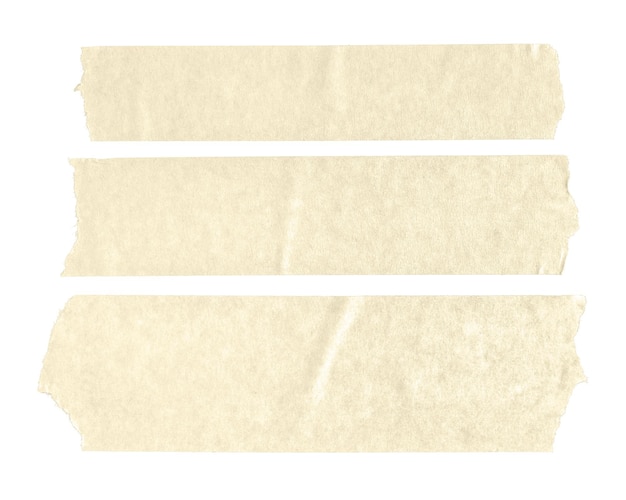 Conjunto de três adesivos de fita de papel em branco bege isolados no fundo branco. Simulação de modelo