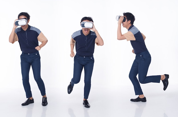 Conjunto de três comprimento total de 20 anos O homem asiático aprende o dispositivo de realidade virtual VR no mundo do simulador. Masculino ativo age como jogar jogo ou vida em reunião remota do metaverso sobre fundo branco isolado