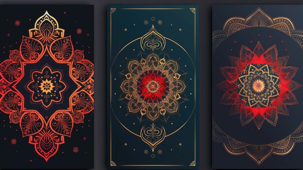 Conjunto de três desenhos de mandala ornamentados de belos desenhos de cartões de saudação do Ramadan Kareem com mandala