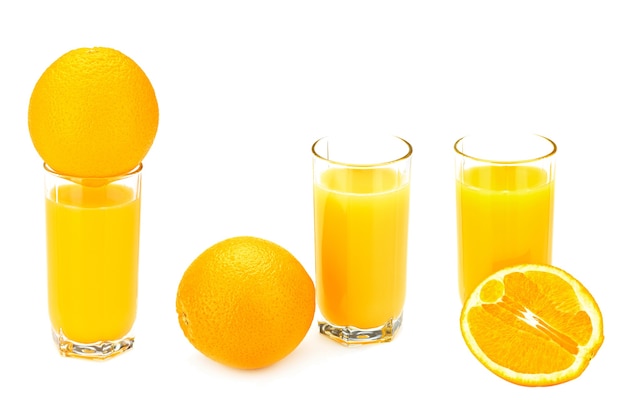 Conjunto de três imagens com frutas e suco de laranja